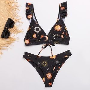 Astronomy Bikini Set Celestial 2-Piece Swimsuit Orange & Black Sun Moon Stars